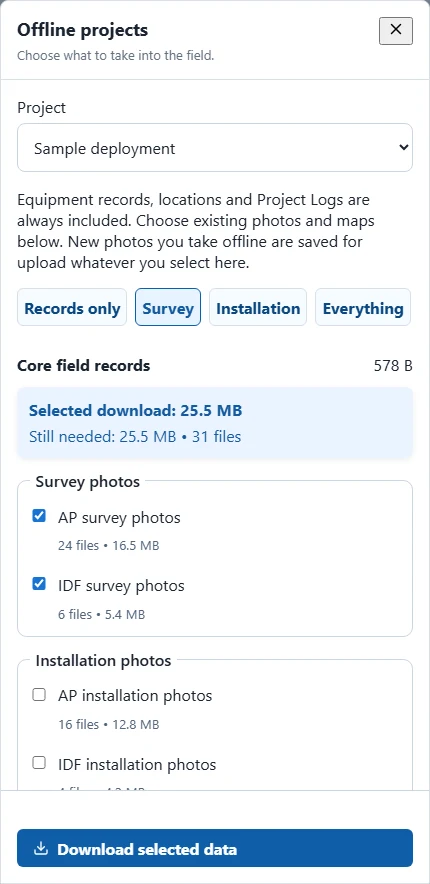 Offline projects: select survey photos and see the selected download size